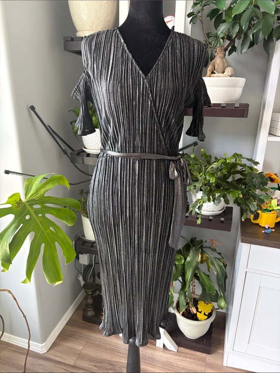 Pink Martini Dresses & Skirts - Pink Martini Black Metallic-Stripe Wrap Midi Dress